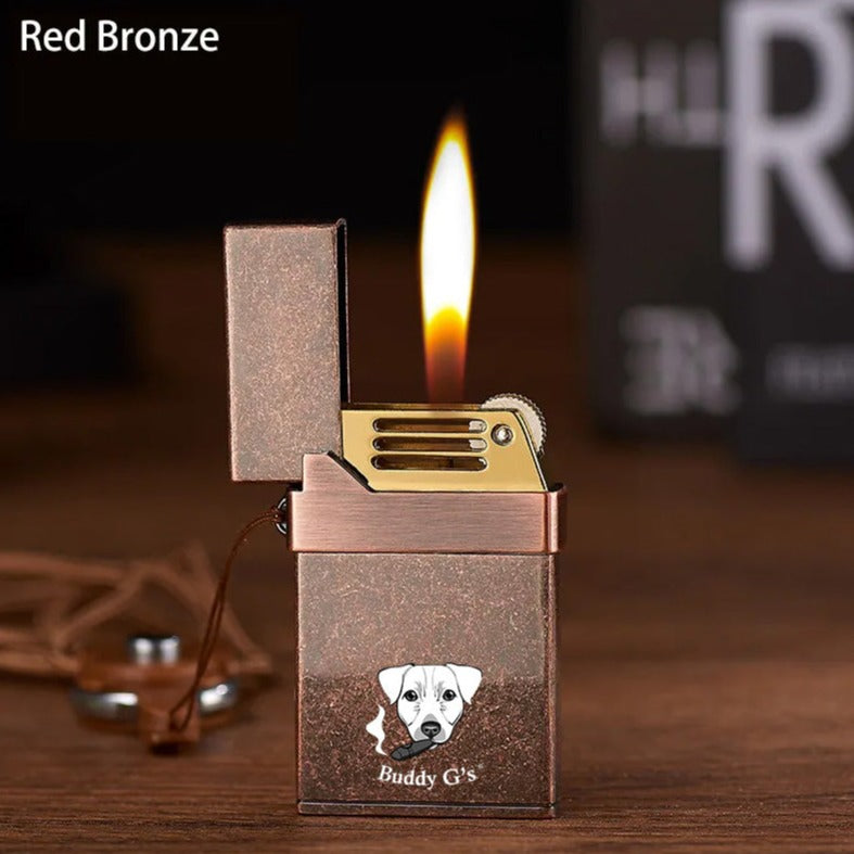 Vintage inspired metal soft adjustable flame butane lighter with old fashioned flint striker wheel