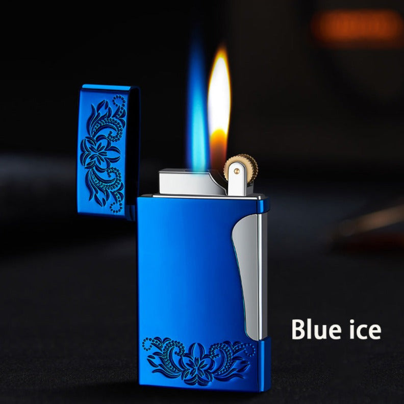 Dual Flame Refillable & Adjustable Butane Lighter - Flint Wheel Lighter - Blue