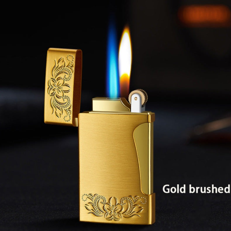 Dual Flame Refillable & Adjustable Butane Lighter - Flint Wheel Lighter - Golden