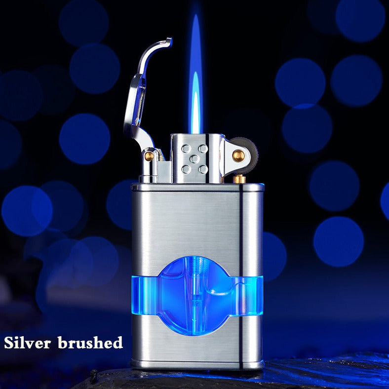 Vintage Inspired Elegant Windproof & Refillable Single Torch Butane Lighter with Adjustable Flame and See-thru Reservoir with a Blue Light