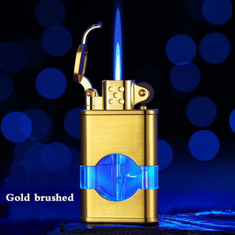 Single Torch Butane Lighter with Adjustable Flame and See-thru Reservoir with a Blue Light