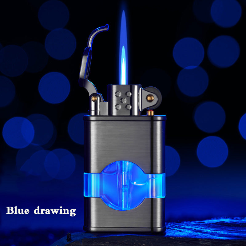 Vintage Inspired Elegant Windproof & Refillable Single Torch Butane Lighter with Adjustable Flame and See-thru Reservoir with a Blue Light