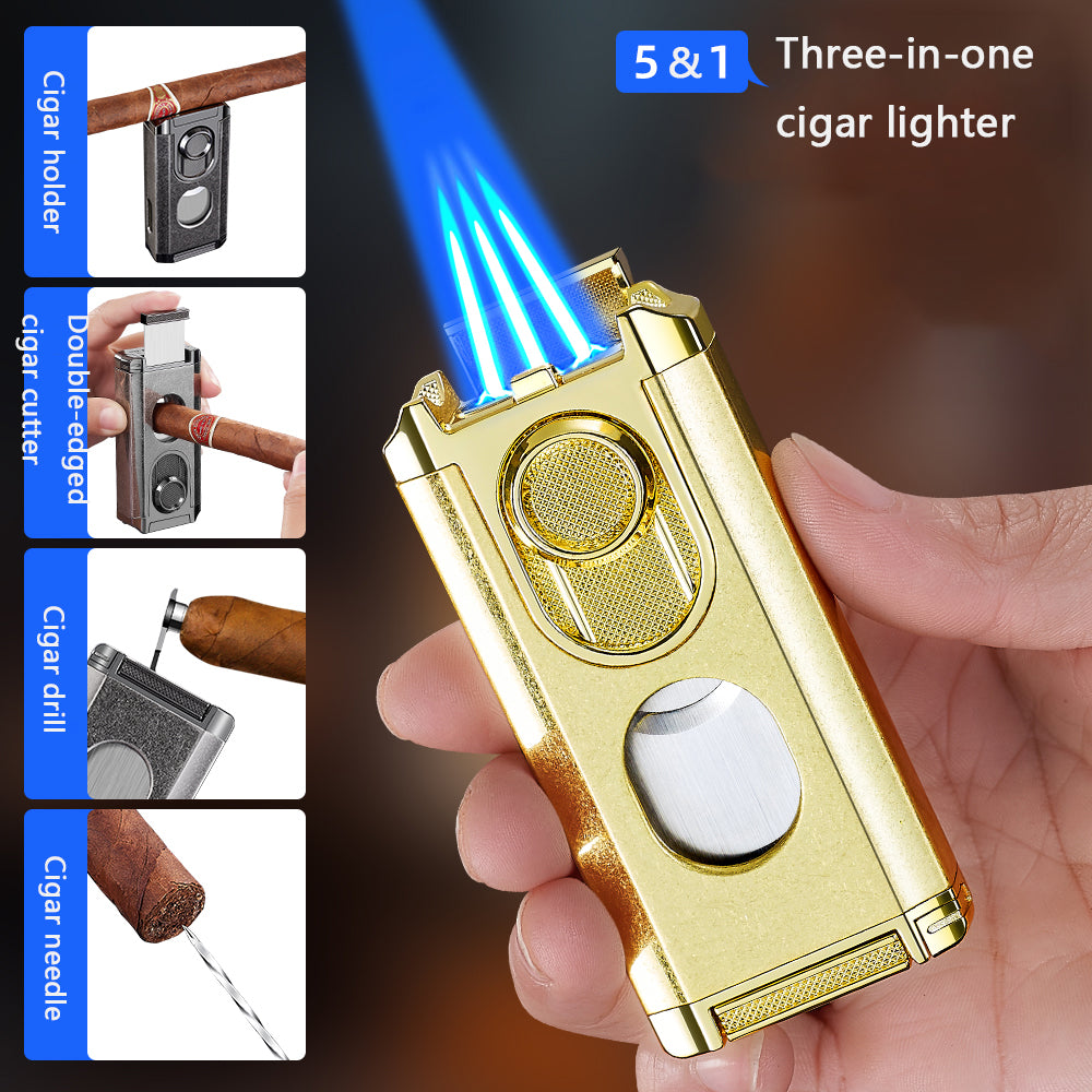 Gold three-in-one cigar lighter held by a hand with additional functions shown in small insets.