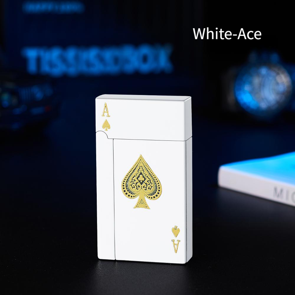 White playing card with gold spade design on a dark background