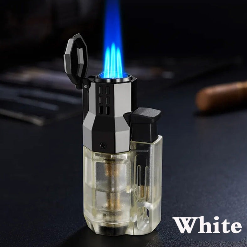 Triple Torch Windproof Adjustable Lighter with a Transparent Fuel Tank to Monitor the Fuel Level