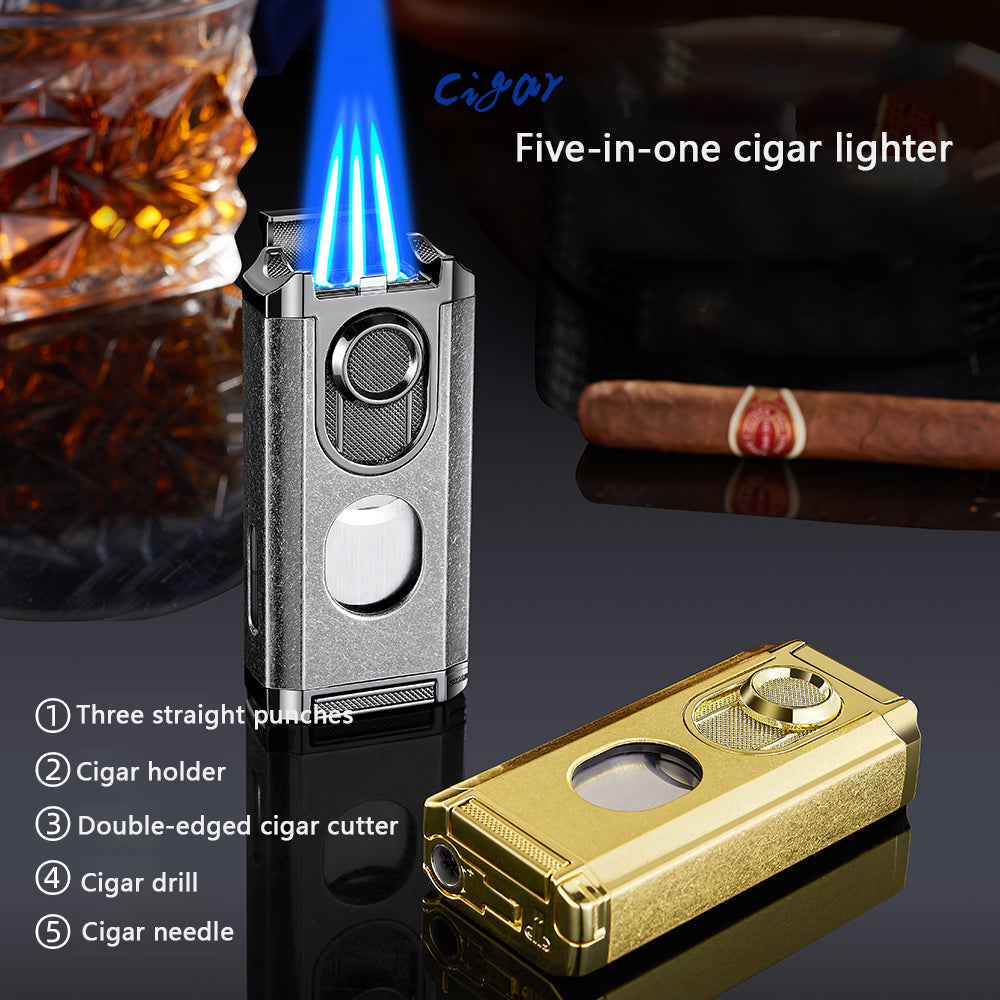 Windproof Triple Torch Lighter Combo - Heavy Duty High-Quality Steel with a Rich Finish with a Guillotine Cigar Cutter
