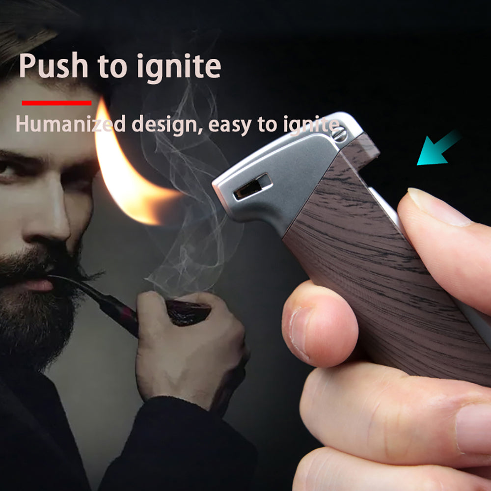 Person using a push-button lighter with a visible flame, highlighting ease of ignition. Butane Pipe Lighter