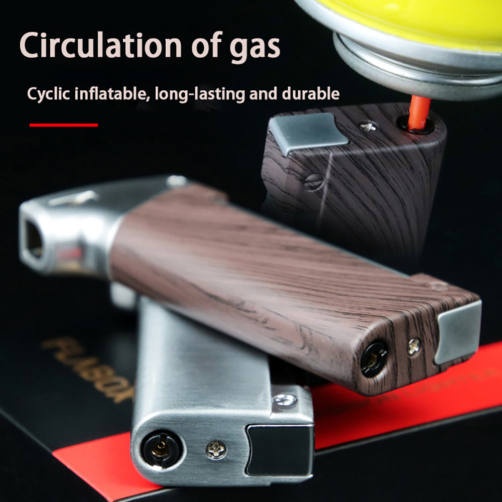 Wooden lighter with metallic accents on a dark background, with text about gas circulation. Butane Pipe Lighter
