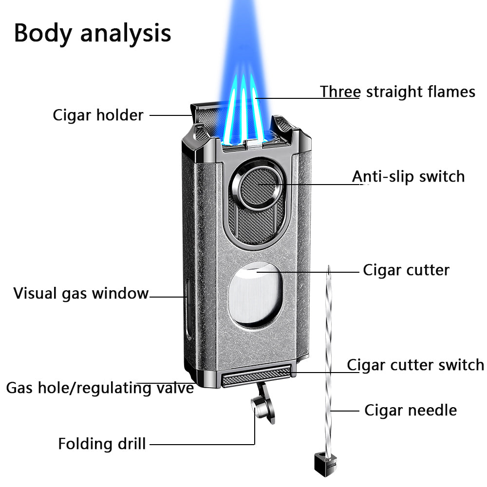 Windproof Triple Torch Lighter Combo - Heavy Duty High-Quality Steel with a Rich Finish with a Guillotine Cigar Cutter