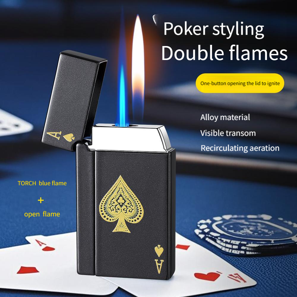 Black lighter with gold spade design on a blue background with playing cards