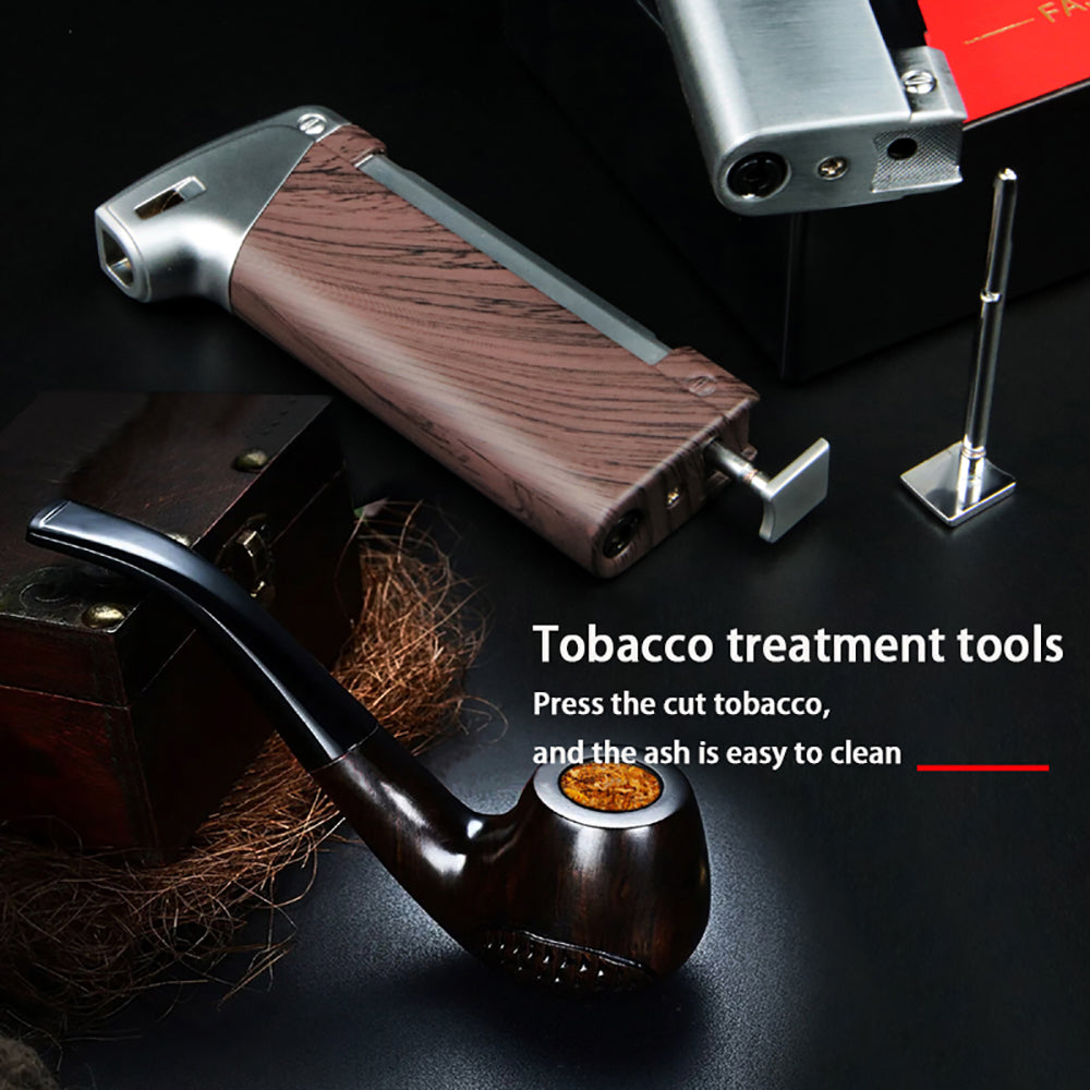 Tobacco treatment tools including a wooden pipe and metal device on a dark surface.