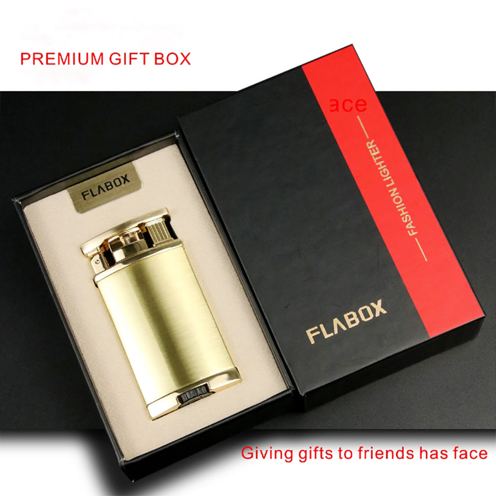 Gold Butane torch and soft flame lighter in a FLABOX premium gift box with red and black design.