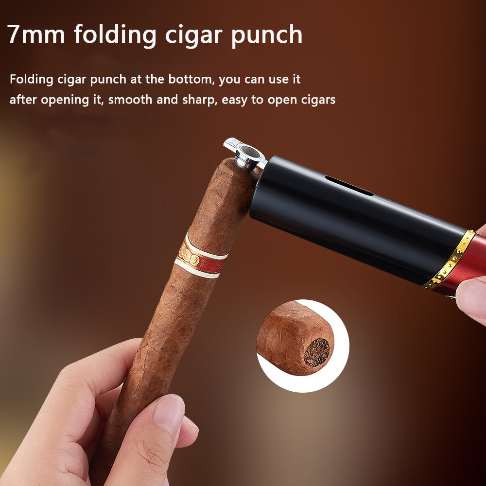 Cigar-shaped triple torch lighter with built-in cigar punch and cigar needle folding cigar punch