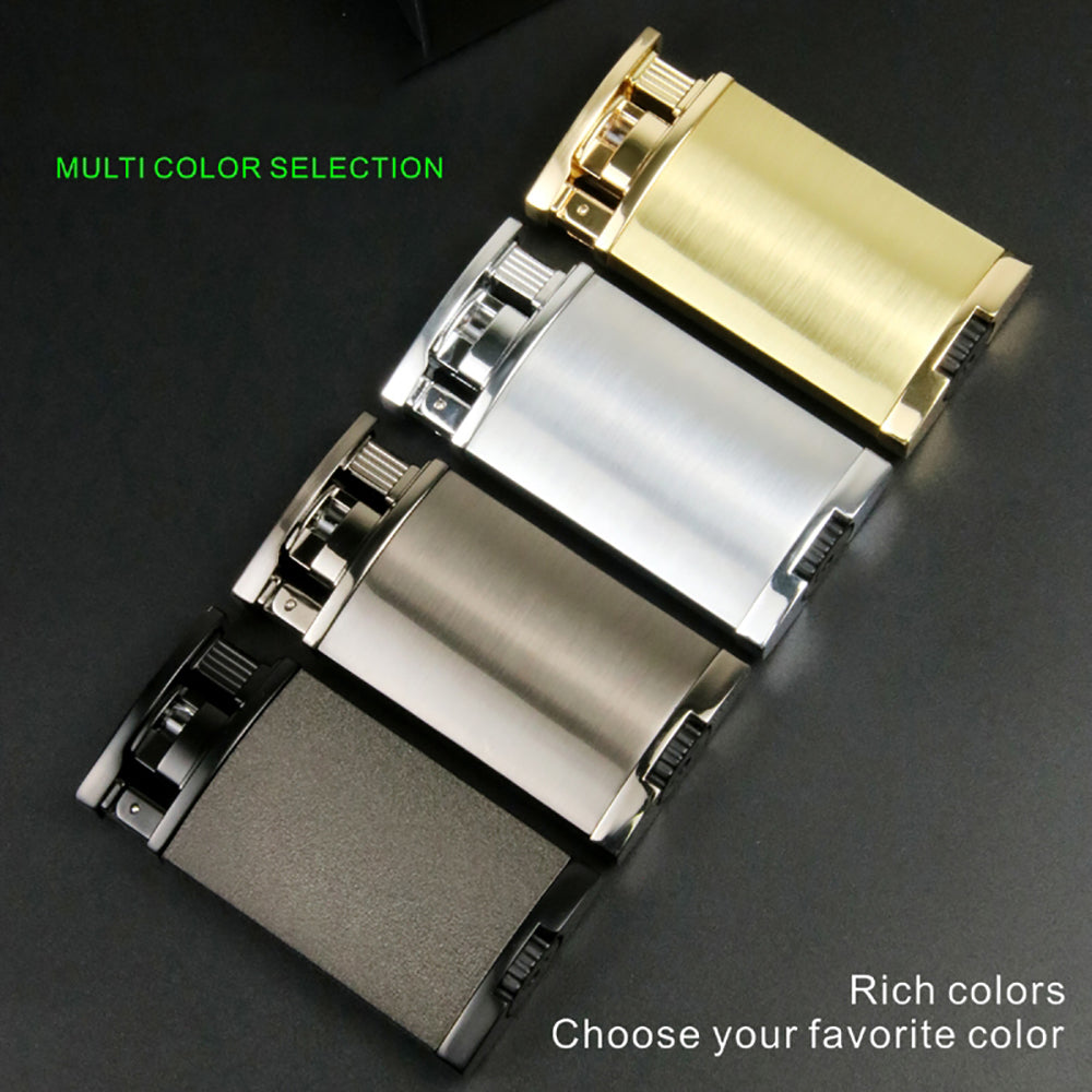 Butane Torch lighter, Buckle with gold, silver, and black options on a dark background