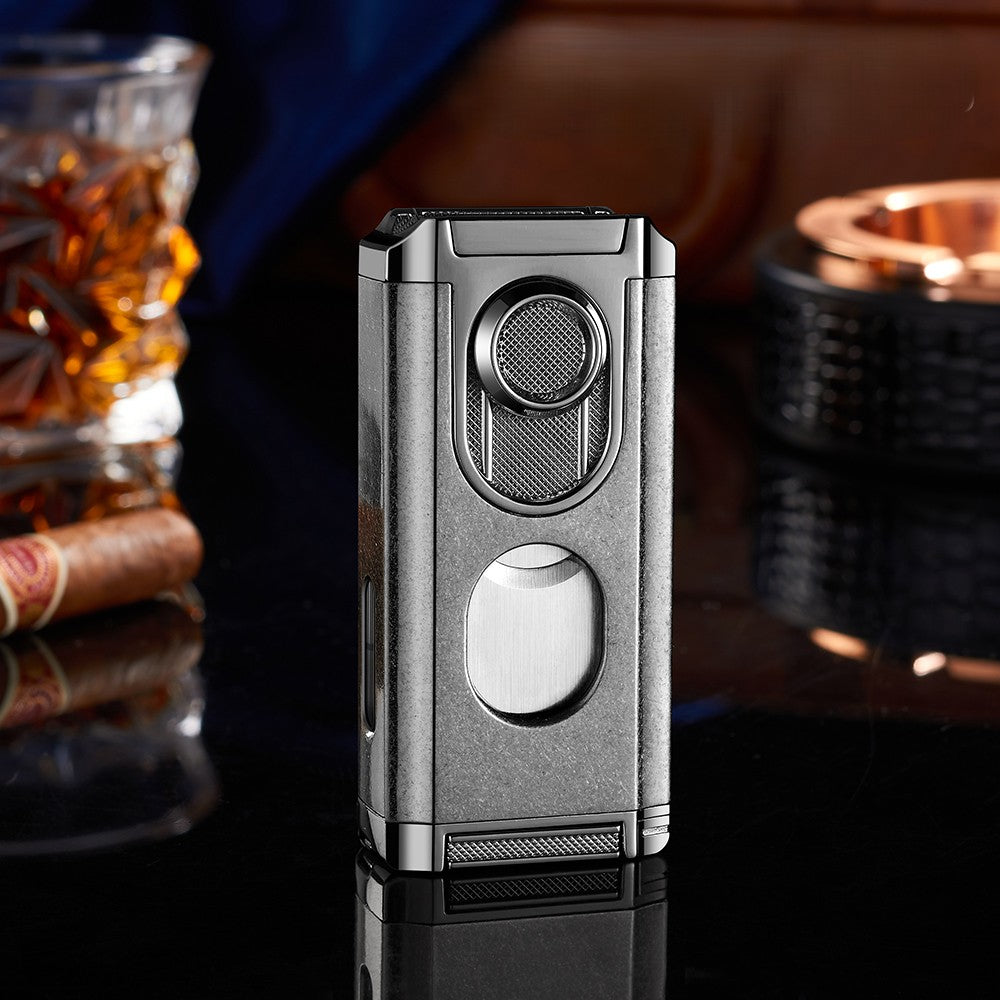 Windproof Triple Torch Lighter Combo - Heavy Duty High-Quality Steel with a Rich Finish with a Guillotine Cigar Cutter