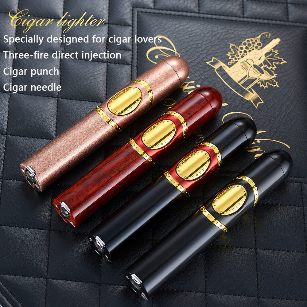 Cigar shaped triple torch lighter with built-in cigar punch and cigar needle