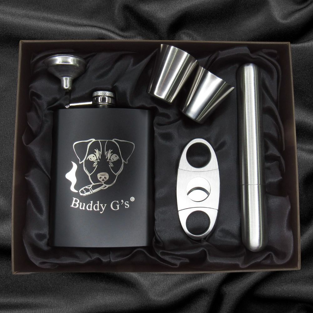 Whisky Hip Flask Set - 8 Oz. Stainless Steel Flask Finished In Rich Matte Black 6 Piece Buddy G's Flask Gift Boxed Set With A Cigar Cutter, Cigar Tube, 2 Shots And A Funnel