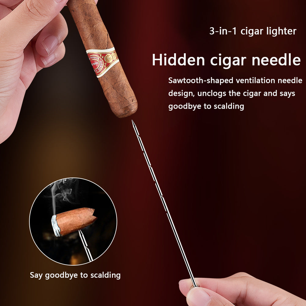 Cigar shaped triple torch lighter with built-in cigar punch and cigar needle