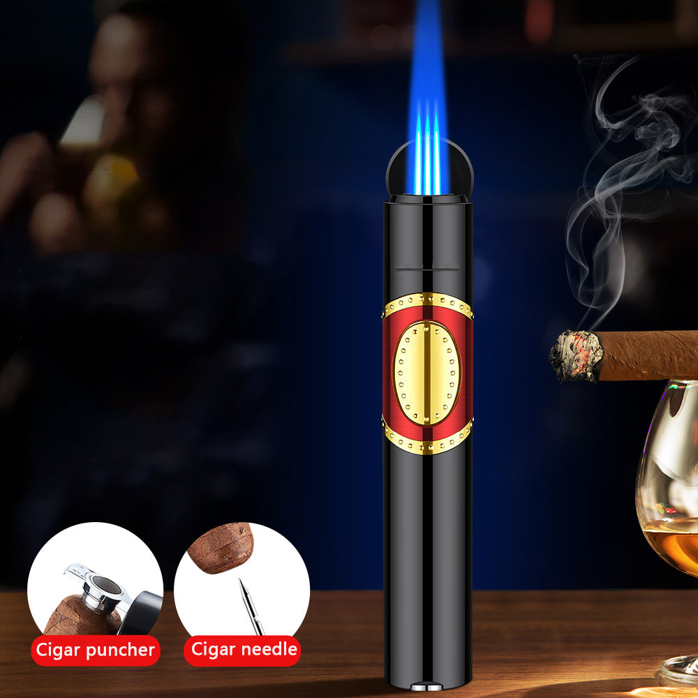 Cigar shaped triple torch lighter with built-in cigar punch and cigar needle black color