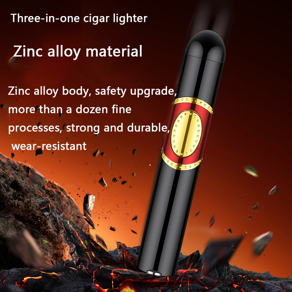 Cigar shaped triple torch lighter with built-in cigar punch and cigar needle