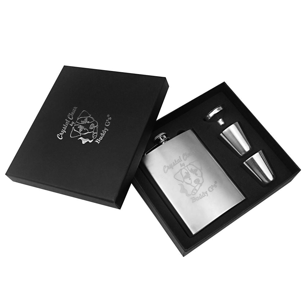 Whisky Hip Flask Set Liquor 8 oz. Stainless Steel 4 Piece Buddy G's Flask Gift Boxed Set with 2 Shots and a Funnel