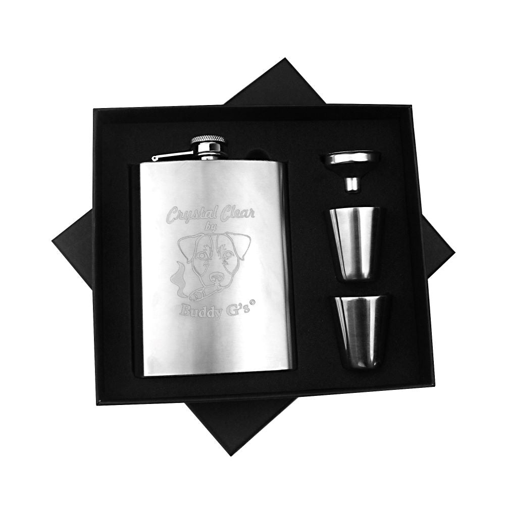 Whisky Hip Flask Set Liquor 8 oz. Stainless Steel 4 Piece Buddy G's Flask Gift Boxed Set with 2 Shots and a Funnel