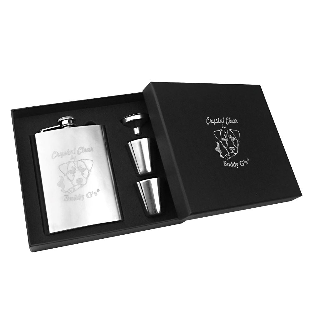Whisky Hip Flask Set Liquor 8 oz. Stainless Steel 4 Piece Buddy G's Flask Gift Boxed Set with 2 Shots and a Funnel