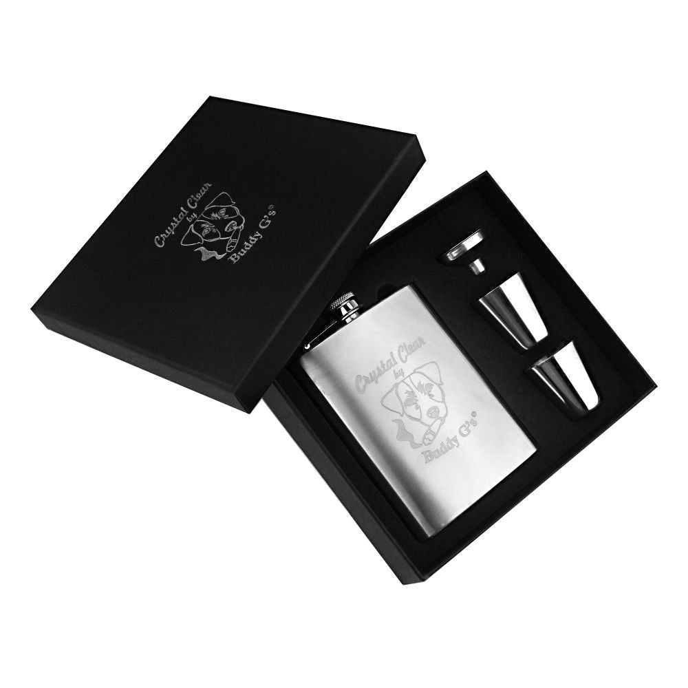 Whisky Hip Flask Set Liquor 8 oz. Stainless Steel 4 Piece Buddy G's Flask Gift Boxed Set with 2 Shots and a Funnel