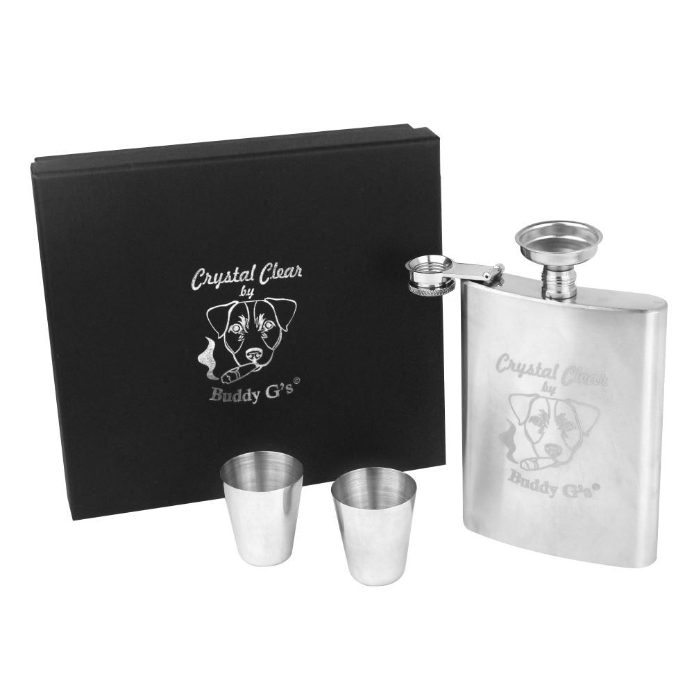 Whisky Hip Flask Set Liquor 8 oz. Stainless Steel 4 Piece Buddy G's Flask Gift Boxed Set with 2 Shots and a Funnel