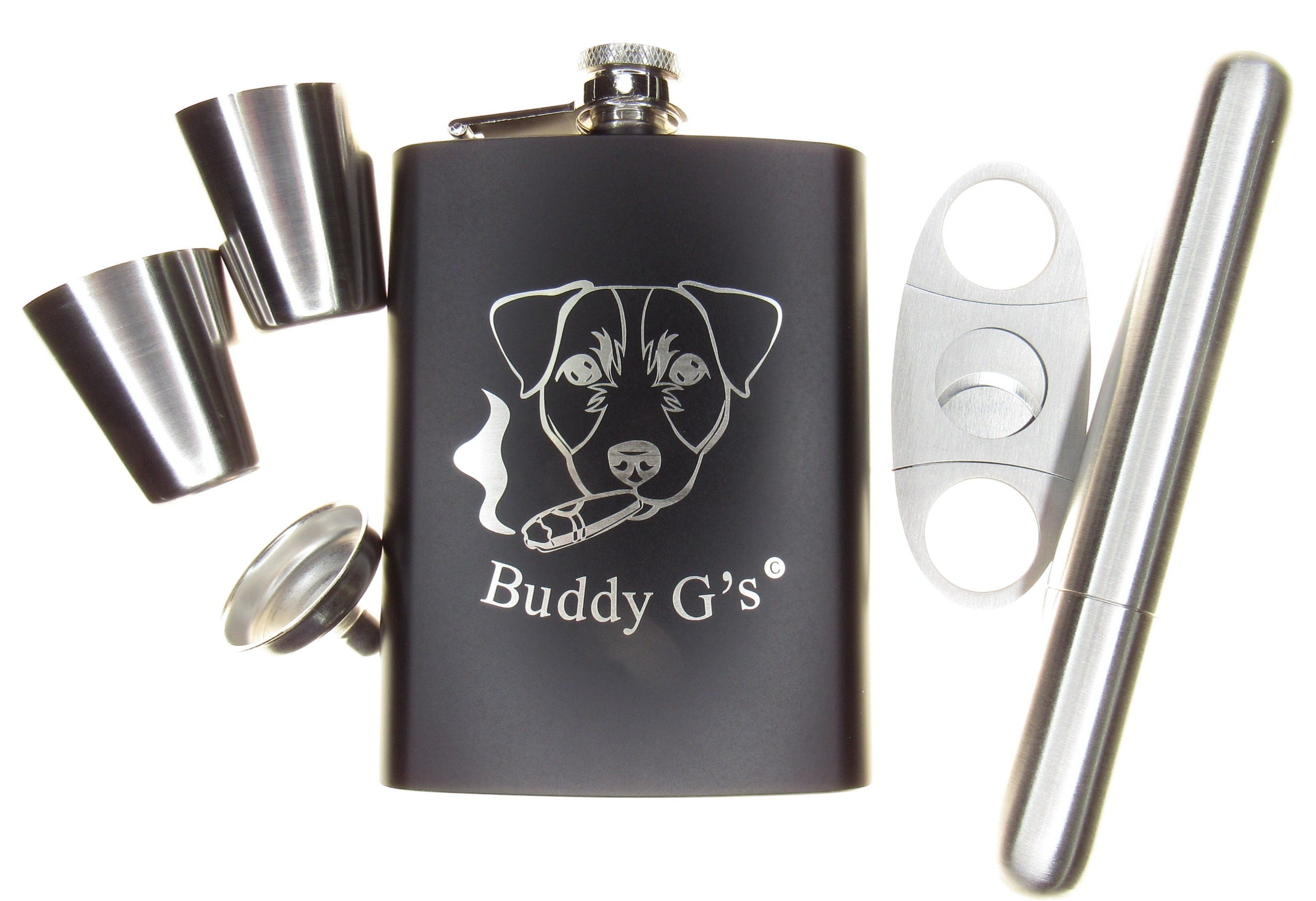Whisky Hip Flask Set - 8 oz. Stainless Steel Flask Finished in Rich Matte Black 6 Piece Buddy G's Flask Gift Boxed Set with a Cigar Cutter, Cigar Tube, 2 Shots and a Funnel