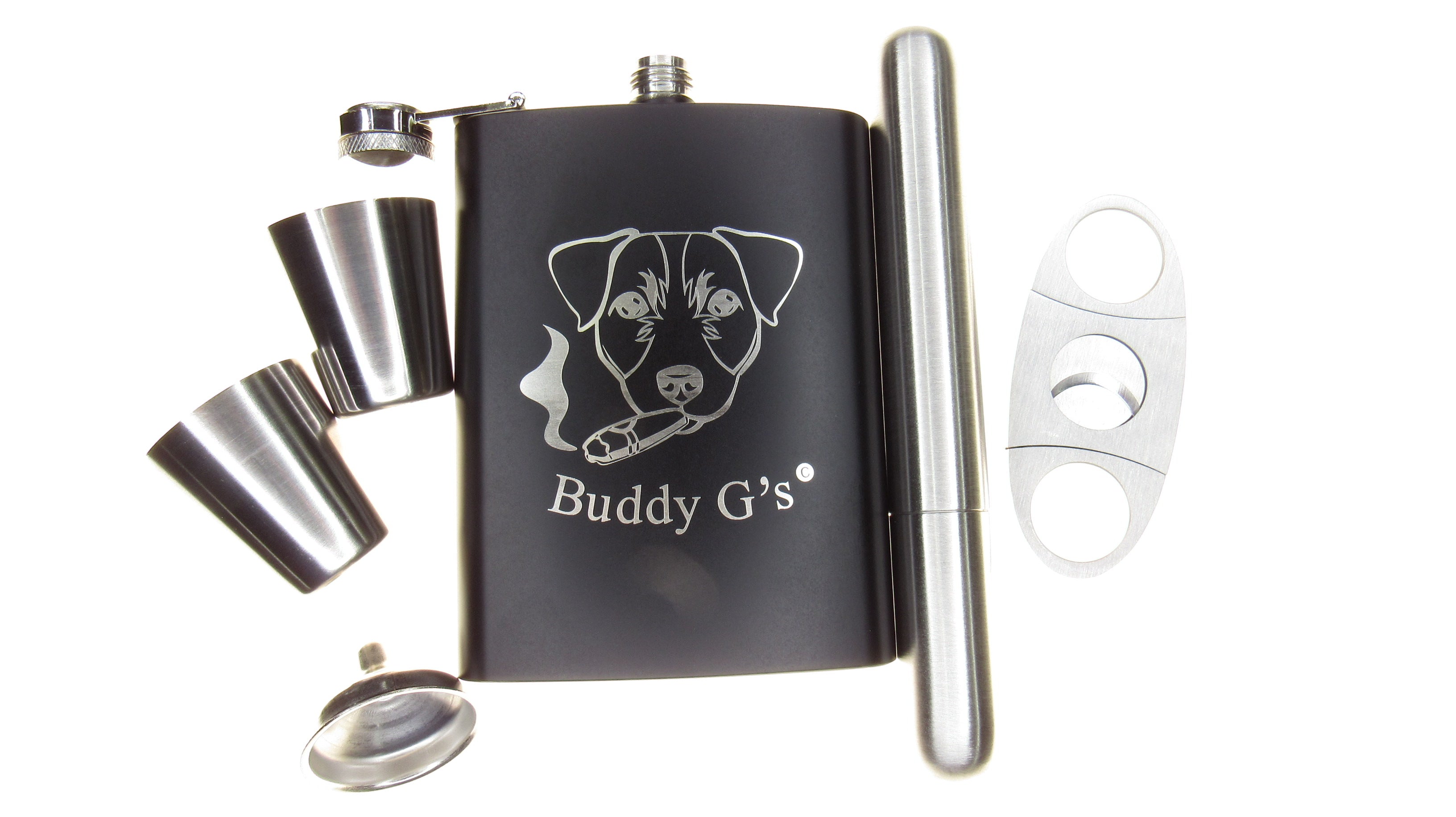 Whisky Hip Flask Set - 8 oz. Stainless Steel Flask Finished in Rich Matte Black 6 Piece Buddy G's Flask Gift Boxed Set with a Cigar Cutter, Cigar Tube, 2 Shots and a Funnel