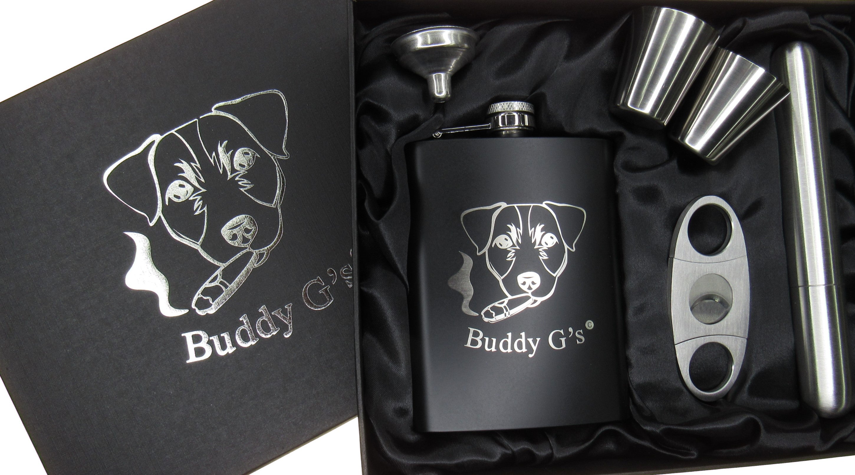 Whisky Hip Flask Set - 8 oz. Stainless Steel Flask Finished in Rich Matte Black 6 Piece Buddy G's Flask Gift Boxed Set with a Cigar Cutter, Cigar Tube, 2 Shots and a Funnel