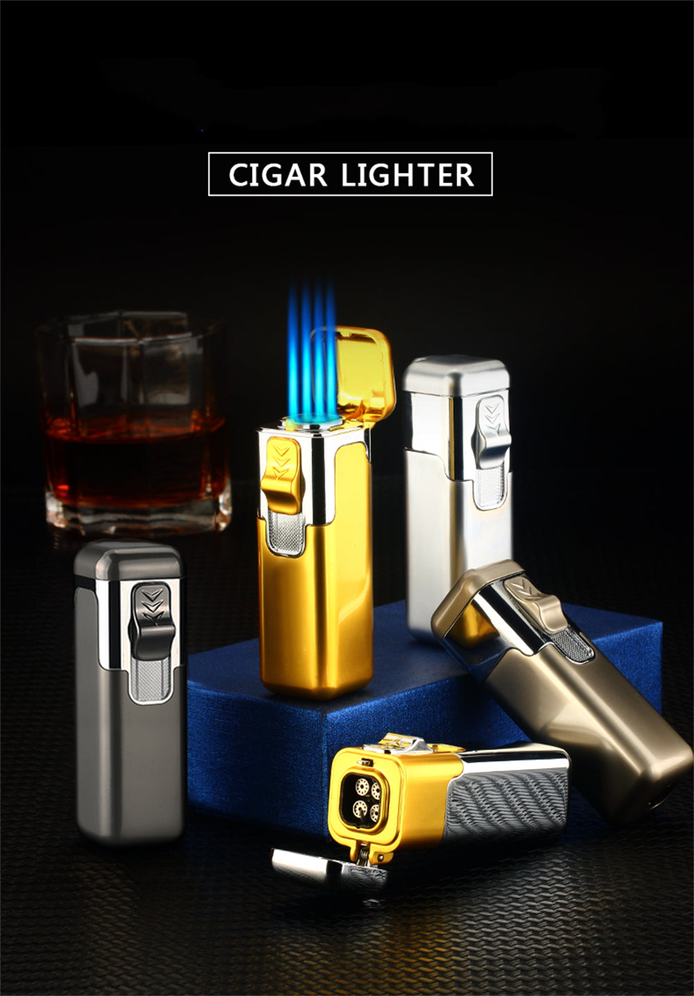 Shiny Metal Windproof 4 Burner Refillable Butane Jet Torch Lighter