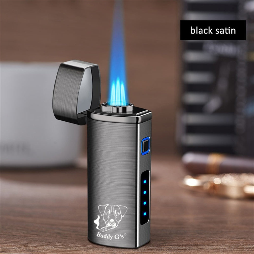 Polished Metal Windproof Triple Burner Refillable Butane Jet Torch - Rechargeable Electronic Ignition - Built-in Cigar Punch