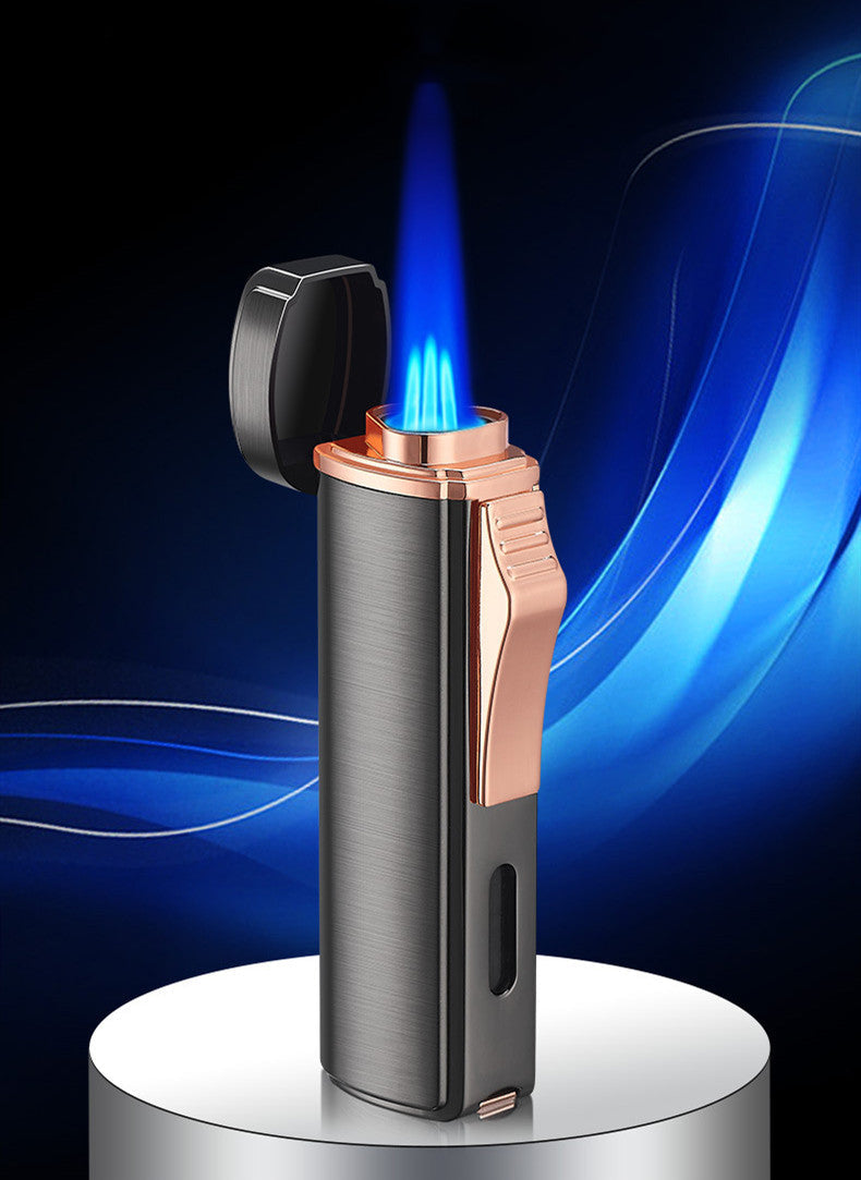 Polished Metal Windproof Triple Burner Refillable Butane Jet Torch Lighter - Built-in Cigar Punch and viewing window for fuel level