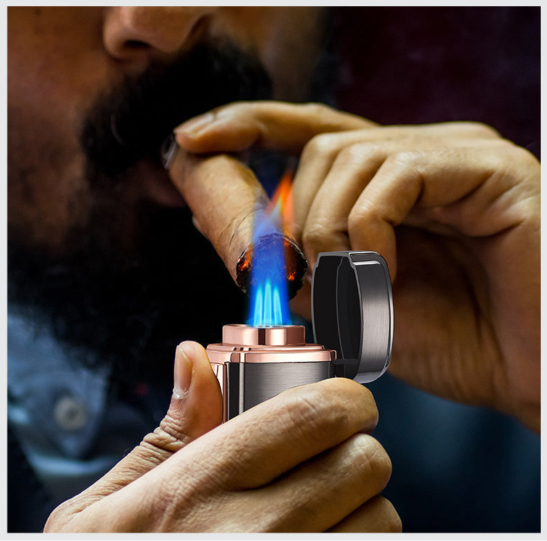 Polished Metal Windproof Triple Burner Refillable Butane Jet Torch Lighter - Built-in Cigar Punch and viewing window for fuel level