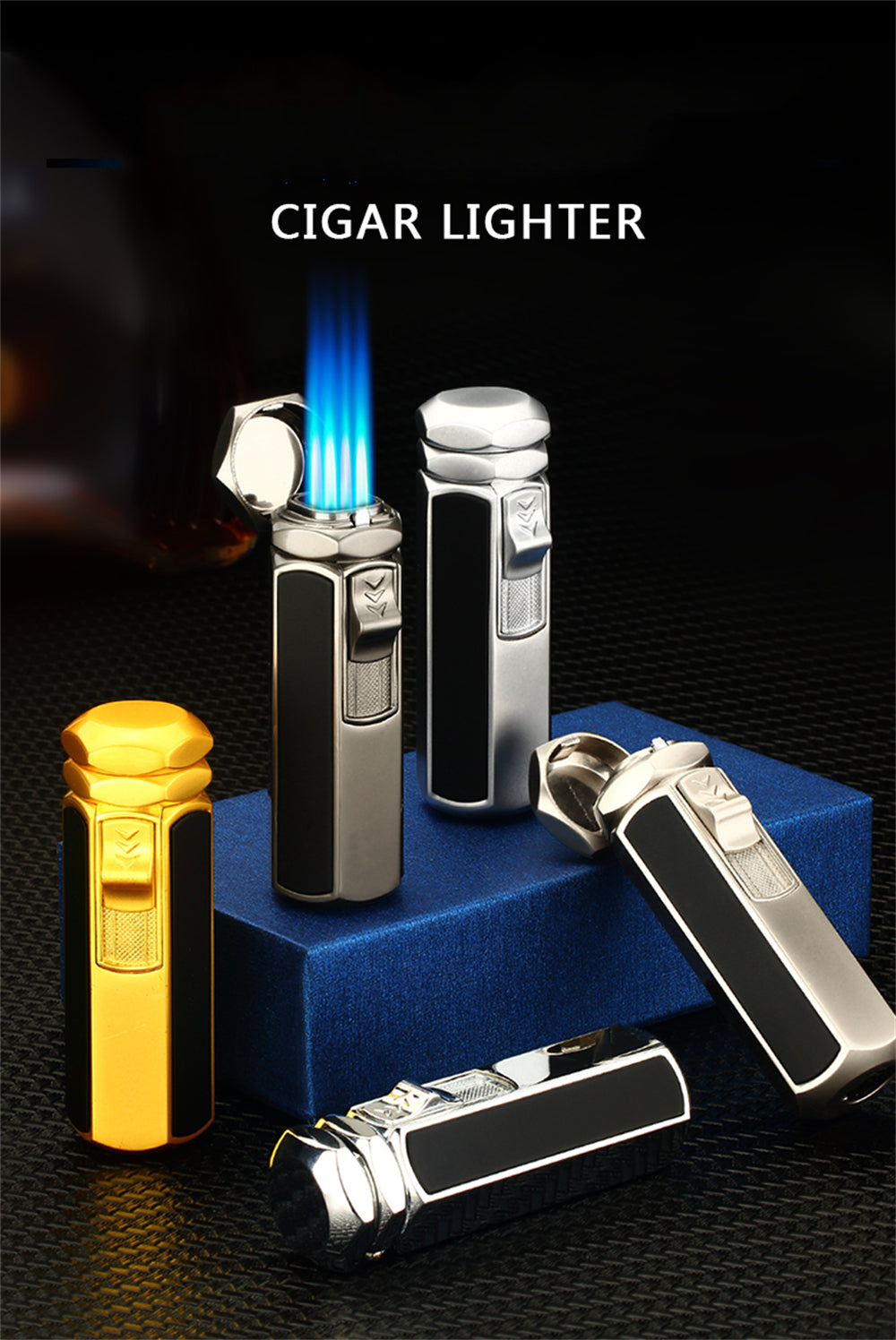 Hexagon Shape Shiny Metal Windproof 4 Burner Refillable Butane Adjustable Jet Torch