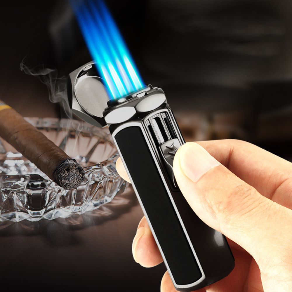 Hexagon Shape Shiny Metal Windproof 4 Burner Refillable Butane Adjustable Jet Torch