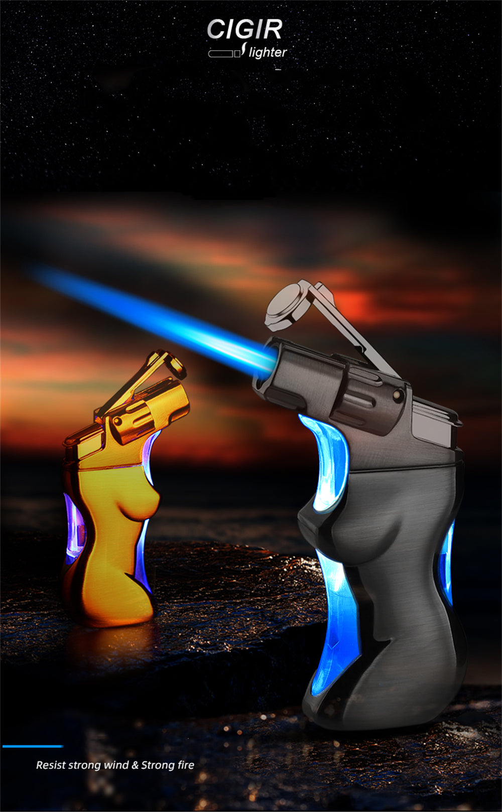 Metal Revolver Handgun Windproof Refillable Butane Torch Lighter with a Sexy Erotic Nude Lady