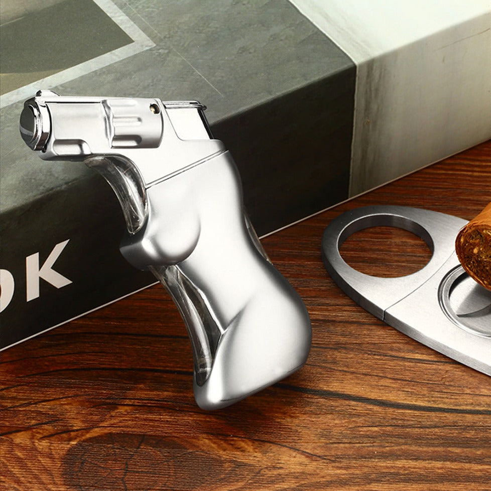 Metal Revolver Handgun Windproof Refillable Butane Torch Lighter with a Sexy Erotic Nude Lady