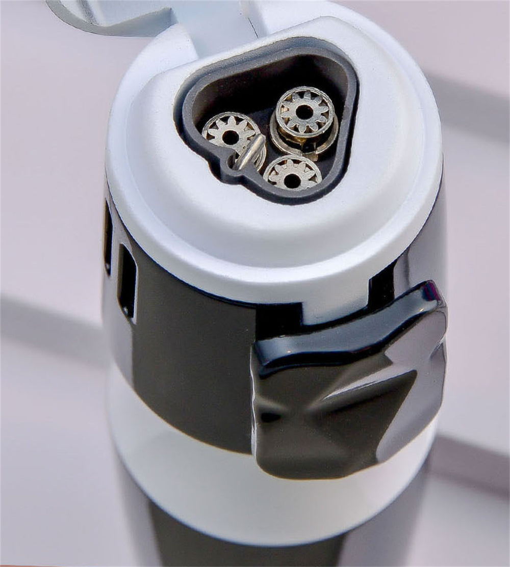 Triple Burner Refillable Butane Jet Torch Lighter - Cigar Holder on Top - Built-in Cigar Punch