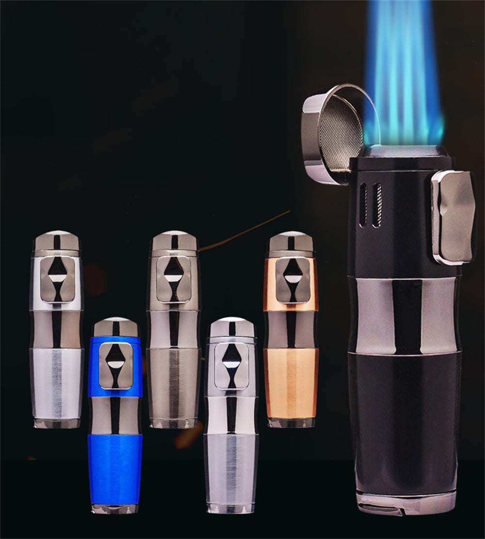 Triple Burner Refillable Butane Jet Torch Lighter - Cigar Holder on Top - Built-in Cigar Punch