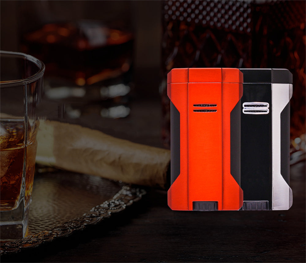 4 Burner Refillable Butane Adjustable Jet Torch - Fuel-level Viewing Window - Cigar Holder on Top