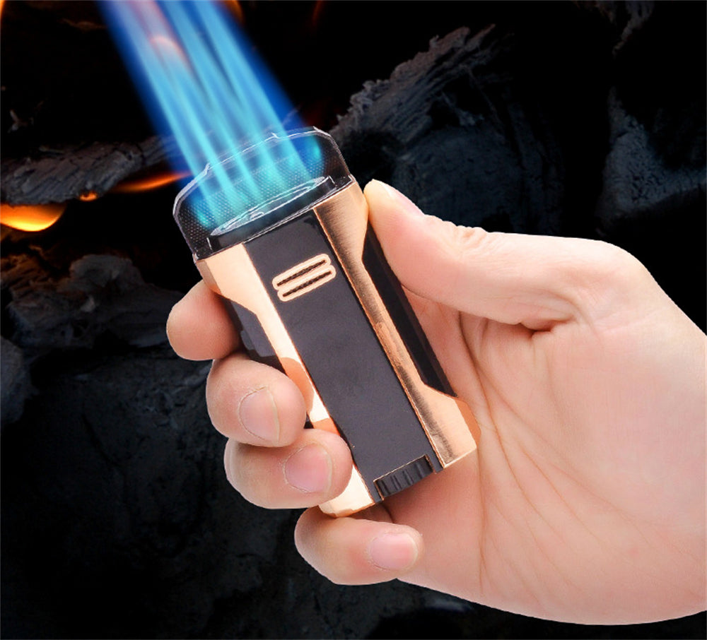 4 Burner Refillable Butane Adjustable Jet Torch - Fuel-level Viewing Window - Cigar Holder on Top