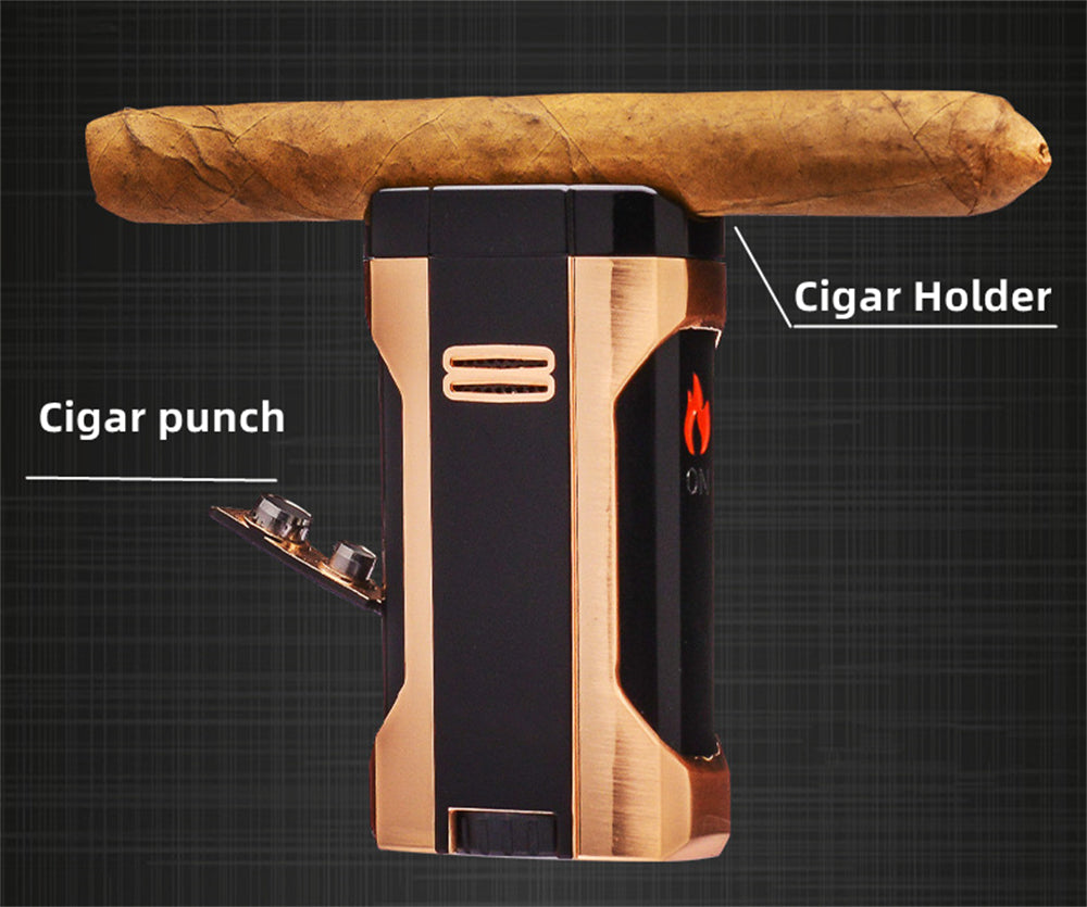 4 Burner Refillable Butane Adjustable Jet Torch - Fuel-level Viewing Window - Cigar Holder on Top