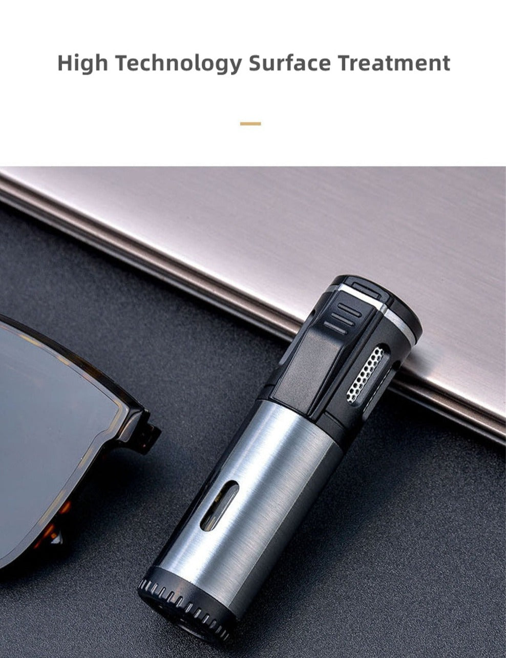 Triple Burner Refillable Butane Jet Torch Lighter - Cigar Holder on Top