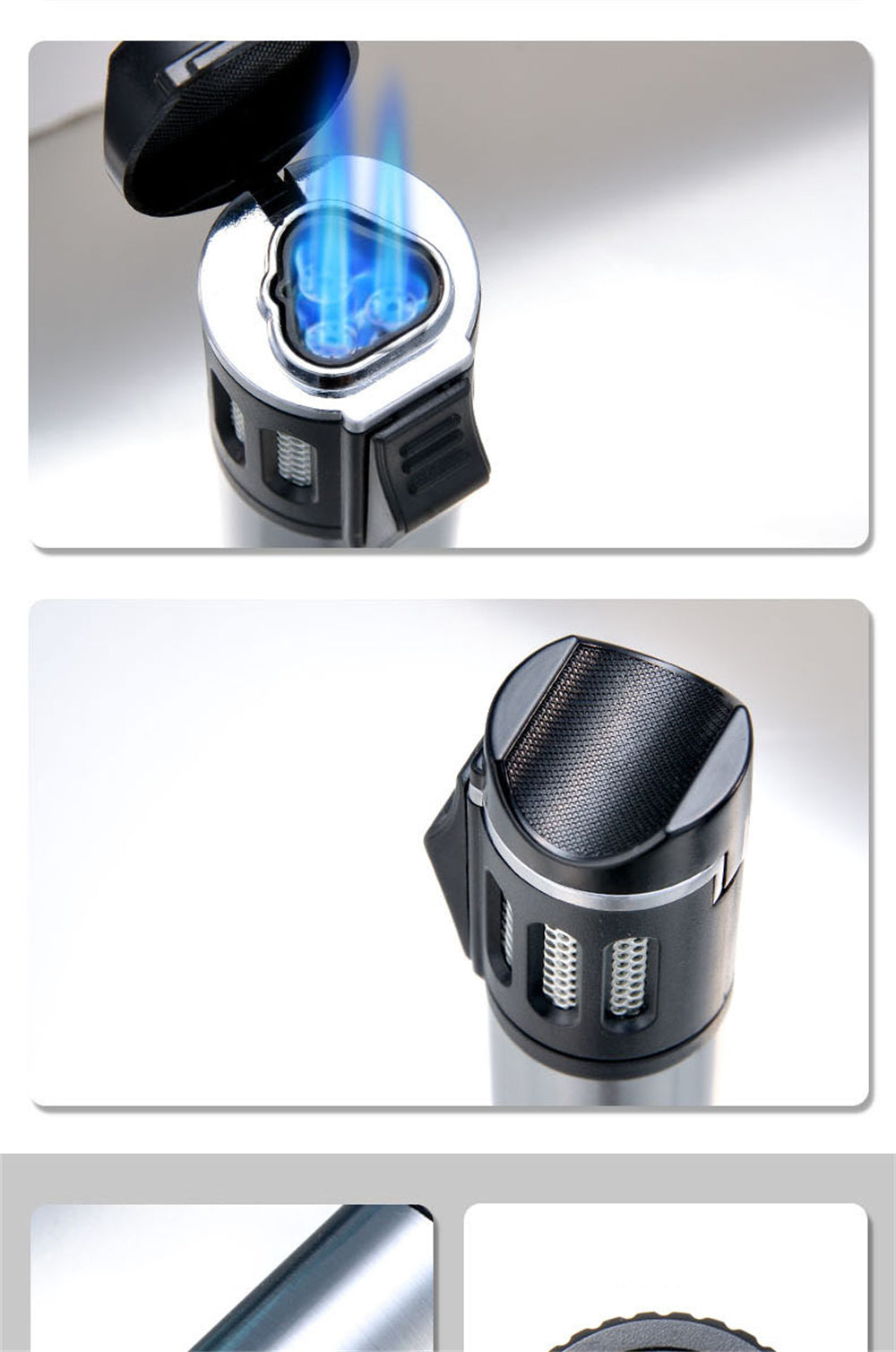 Triple Burner Refillable Butane Jet Torch Lighter - Cigar Holder on Top