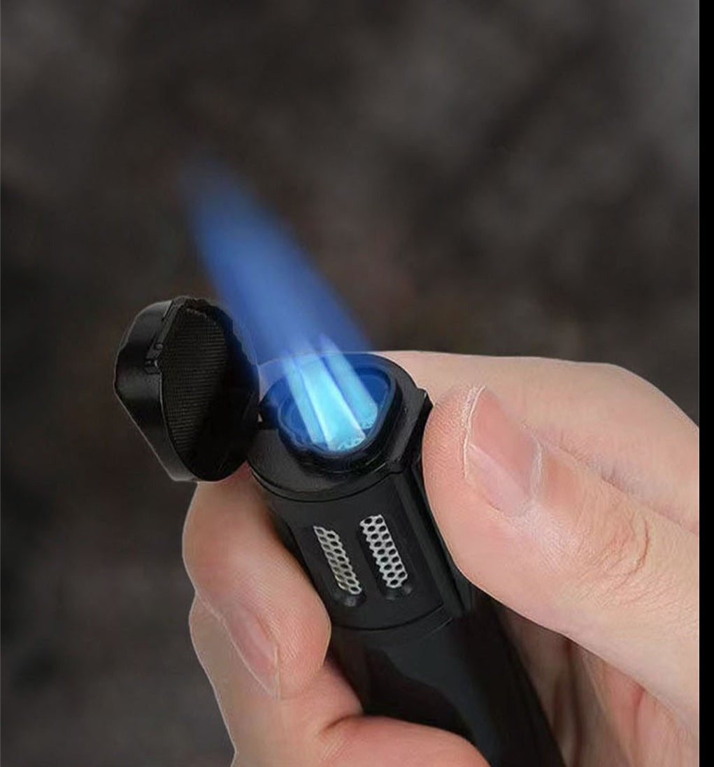 Triple Burner Refillable Butane Jet Torch Lighter - Cigar Holder on Top