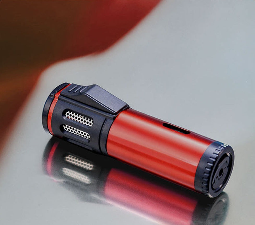 Triple Burner Refillable Butane Jet Torch Lighter - Cigar Holder on Top