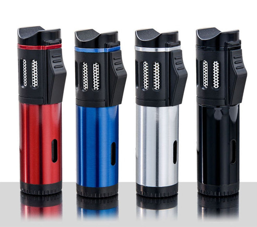 Triple Burner Refillable Butane Jet Torch Lighter - Cigar Holder on Top